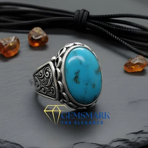 Blue Feroza, Natural Turquoise Sterling Silver 925 Men's Ring, Real Gemstone - Picture 1 of 6