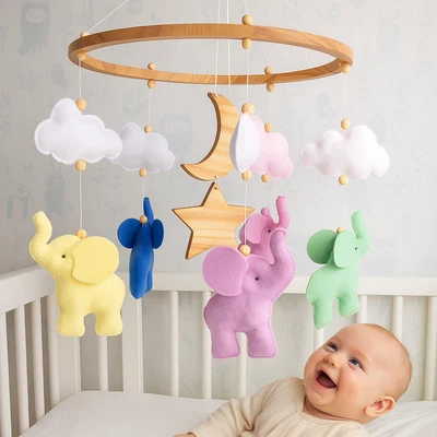 Elefante Bebé Móvil Fieltro Neutro Cuna Guardería Multicolor Bebé Móvil Hecho a Mano Foto 1 de 4