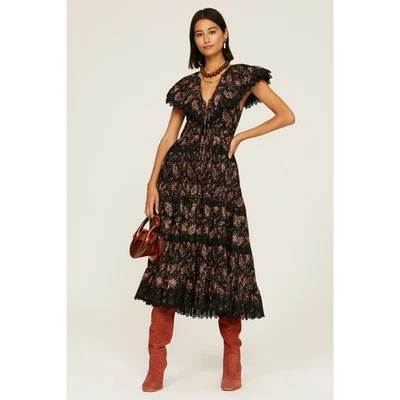 Ulla Johnson Jacqueline Black Floral Pleated V-Neck Cocktail Evening Midi Dress  - Image 1 of 4