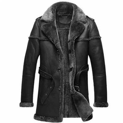 Men's Genuine Sheepskin Long Coat Retro Leisure Bomber Real Leather Overcoat Fur - Image 1 of 4
