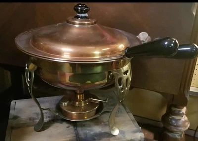 Vintage Food Warmer Copper Brass Dutch Chafing Fondue Soup Cheese Pot Dish Set - Image 1 of 4