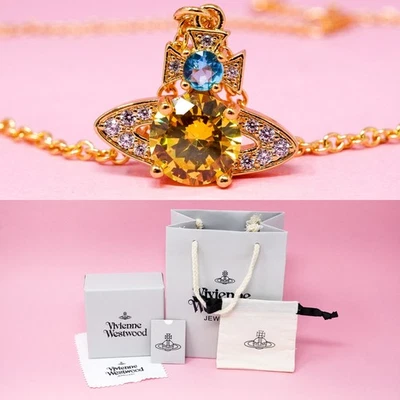 Vivienne Westwood Necklace Gold Plated Orb Pendant Yellow Crystals & Gift Box - Image 1 of 4