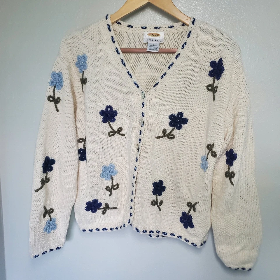 Talbots 手工针织霜花卉贴花开衫毛衣 L 码 Dainty Cottage — 第 1/4 张图片