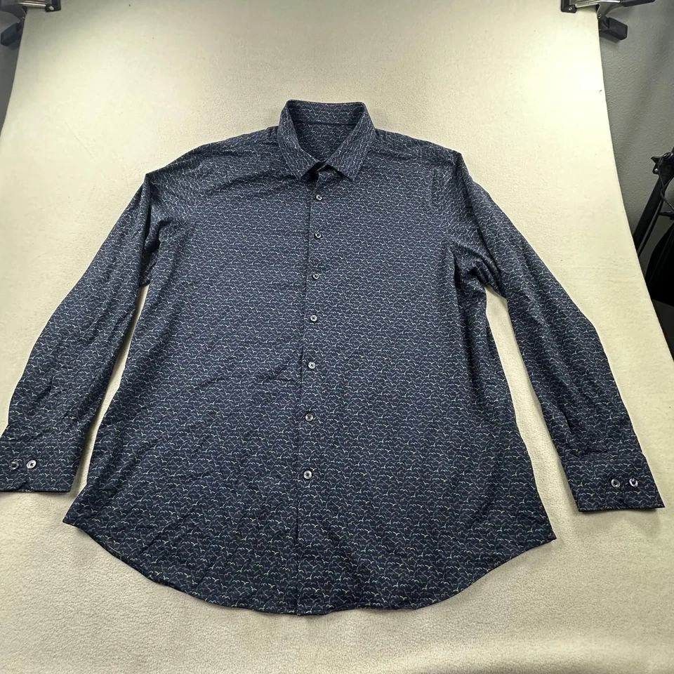 Bugatchi Shirt Mens 2XL Midnight Blue Bird Print 8 Way Stretch Button Up - Image 1 of 4
