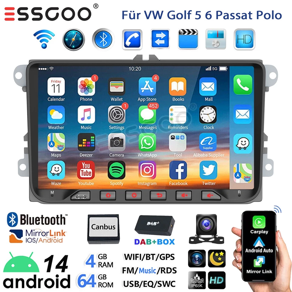 DAB+ 4+64G Android 14 Carplay Autoradio GPS Für VW GOLF 6 Touran EOS Tiguan Polo - Bild 1 von 4