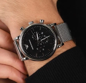 NEW EMPORIO ARMANI MENS WATCH AR1808 SILVER TONE MESH STRAP BLACK DIAL GENUINE - Picture 1 of 5