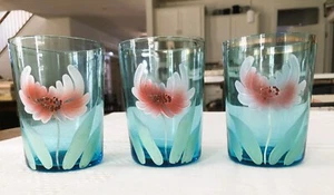 3 vintage/antique BLUE GLASS TUMBLERS w/ HAND PAINTED FLORAL DESIGN - Picture 1 of 4