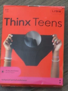 THINX TEENS ALL DAY PERIOD LEAK-PROOF BRIEF PANTIES IN BLACK SIZE LARGE/ 13-14 - Picture 1 of 1