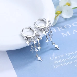 Women Fashion Tassel Star Dangle Drop 925 Silver Hoop Huggie Earrings - Picture 1 of 9