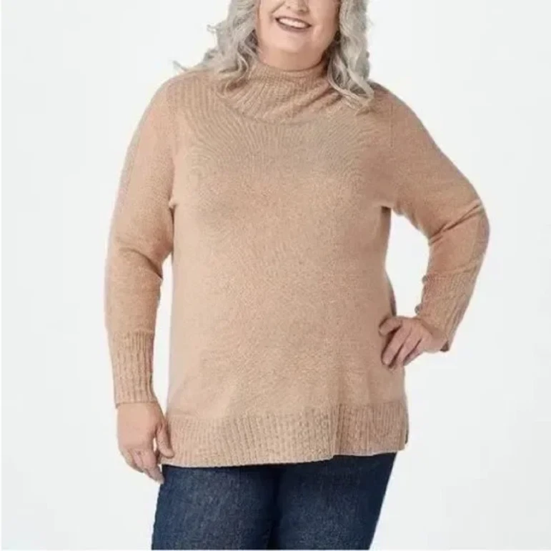 Isaac Mizrahi Live! 2-Ply Cashmere Turtleneck Sweater Top Tan Size M A382547 - Image 1 of 2