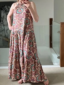 Zara Floral Print Maxi Halter Neck Tiered Cotton Dress Purple Mix Print S/XS - Picture 1 of 15