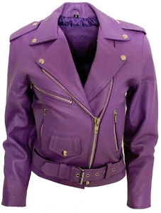 Women's Stylish Brando Purple Leather Biker Jacket - Picture 1 of 7