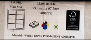 99.1 x 67.7mm Self Adhesive Sticky Labels - 50 Sheets - 8 Per A4 Sheet LL08 - Picture 1 of 1