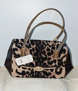 COACH Bag Ocelot Crossbody Leopard Madison 25642 Top Handle Brown Black Dust Bag - Picture 1 of 10