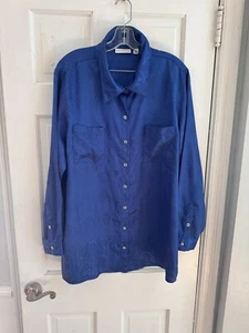 Susan Graver Sz XL Blue Button Up Long Sleeve Snakeskin Design Blouse Career - Picture 1 of 9
