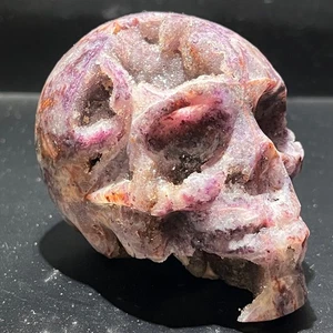 386G Naturkristall, Amethyst Quarz Mineral Rohstein, Handschnitzerei, Totenkopf - Bild 1 von 16