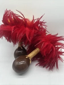 Vintage Uli Uli rot gelb Hawaii Tanz gefiederte Maracas - Bild 1 von 5