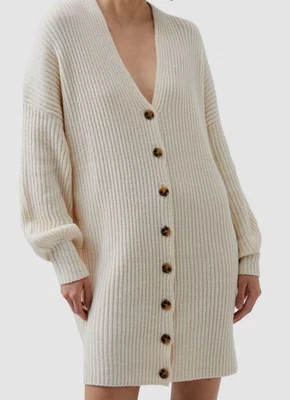 French Connection 女式象牙色羊毛罗纹纽扣毛衣连衣裙 XL 码 — 第 1/2 张图片