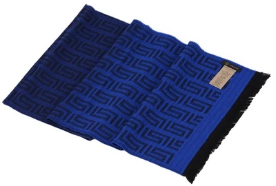 Versace Men's Geometric Greek Pattern 100% Wool Scarf Blue/Black - Image 1 of 2