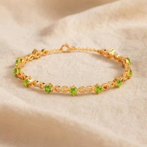 Natural Peridot & Diamond Bracelet 14K Solid Gold – August Birthstone # 1005 - Picture 1 of 19
