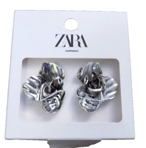 ZARA large Silver Embossed Metal Flower Statement Earrings Jewelry 4736/288/808 - Picture 1 of 5