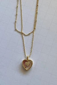 Double Gold Chain Necklace with a glass Heart Pendant, pink crystals - Picture 1 of 7