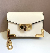 Michael Kors Kingsley White Leather Card Holder Wallet Accordion Gold Chain  W3