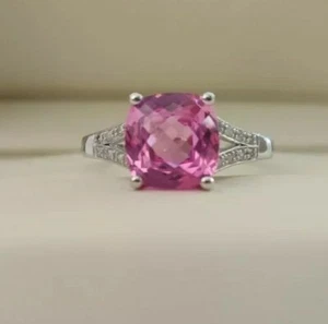 9CT Oro Blanco Corte Almohada Zafiro Rosa y Natural Diamond Anillo Talla M 1/2 - Imagen 1 de 6