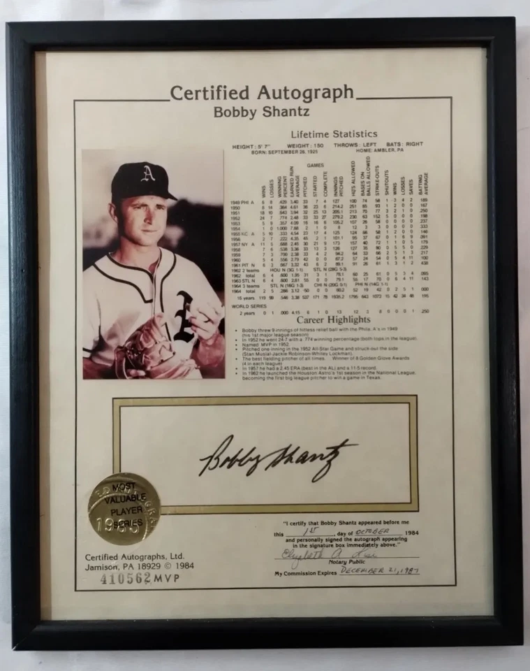 RARO Bobby Shantz KC Athletics Auténtico Firmado Autografiado Enmarcado 410562MVP Foto 1 de 4