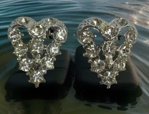 Vintage Pair Art Deco Rhodium Plated Triangle Rhinestone Dress Clips EX15 - Picture 1 of 11