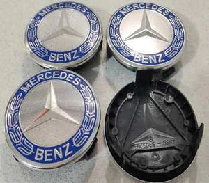 TAPPI COPRIMOZZO PER MERCEDES 75 MM. GRIGIO BLU CERCHI RUOTE CLASSE A B C E 4PZ - Foto 1 di 5