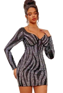 Black Rhinestone Pearl Studded Stretchy Bodycon Lined Zip Club Party Dress New M - Picture 1 of 8