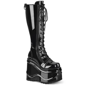 DEMONIA WAVE-200 Women's 6" Wedge Platform Black Patent Lace Up Knee High Boots - Picture 1 of 6