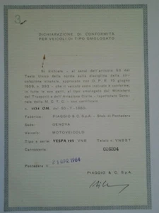 DICHIARAZIONE DI CONFORMITA' PER VEICOLI VESPA 125 VNP APRI. 1964 ( aa19-1-4) - Imagen 1 de 1