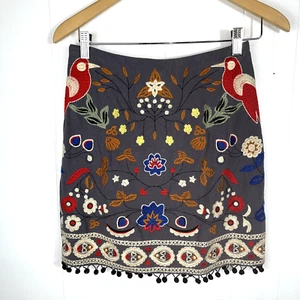 Embroidered Boho Birds Floral Mini Skirt Pom Pom Size Small Linen & Cotton - Picture 1 of 9