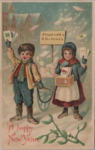 c1910s Happy New Year children vendors seeds cards snow cart embossed E606 - Picture 1 of 2