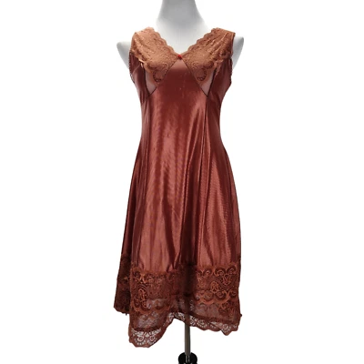 Vintage Bronze Nylon Full Slip Size S/M A Line Lace Trim Made in Poland 60s 70s - Изображение 1 из 4