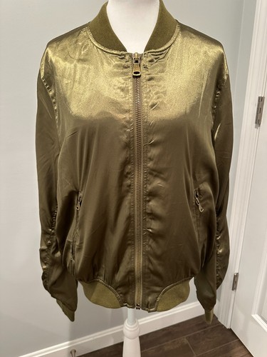 ESSENTIALS COTTON CANDY LA Olive Green Silky Bomber Jacket Womens MEDIUM Army Full Zip