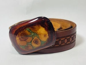 Vintage Wood and Stone Polished Acrylic Belt Buckle and Leather Belt Brass - Picture 1 of 6