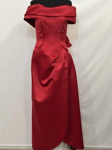 Vestido Bob Mackie rojo satinado alto bajo dinastía vintage años 80 corbata de hombro con flecos - Imagen 1 de 23