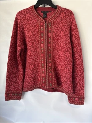 Nomadic Traders Women’s S Zipped Cardigan Sweater Red Floral Boho Knit - Image 1 of 4