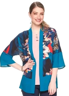 Cárdigan Dana Buchman Kimono Mujer M Cubre Azul Teal Floral Artístico Frente Abierto Foto 1 de 4