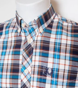 Fred Perry Mens Shirt Madras Check Small Size Blue Mod Scooter Casuals - Picture 1 of 11