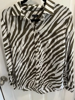 Talbots Light Weight Olive Green & Ivory Zebra Print Button Classic Blouse M - Image 1 of 2