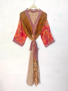 Indian Recycled Damen Seide Robe Kimono Strand Party Bikini Abdeckung Up Braut - Bild 1 von 7