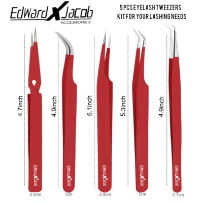 EDWARD X JACOB Professional Eyelash Extension Tweezers-Precision Tools-for Lash Artists - 5 Pcs