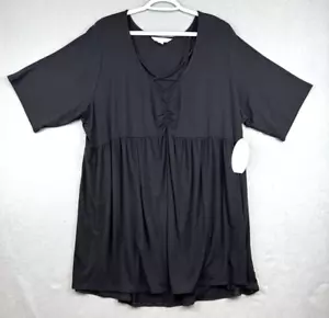 Boutique Top Womens 3x Black Flowy Tunic Babydoll Short Sleeve Strappy V-neck - Picture 1 of 7