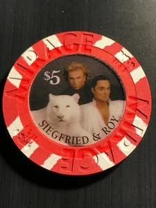 The Mirage, RARO, SIEGFRIED & ROY (rasgado) $5 ficha de casino, estado sin circular - Imagen 1 de 2