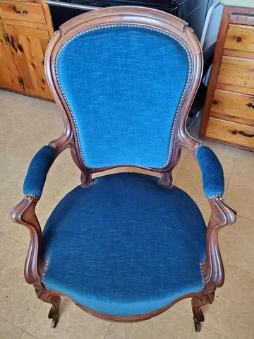 Antique Victorian Chair Armchair with Blue Velvet and Casters Cover