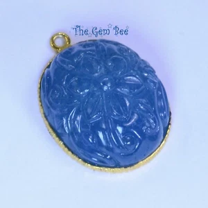 18k Vermeil Gold Fine Blue Aquamarine Carved Floral Pendant - Picture 1 of 6